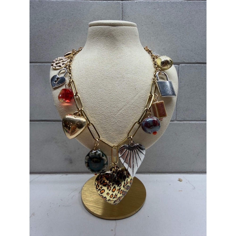 Gold Tone Leopard Heart Charm Necklace Mixed Metal Statement Jewelry NWOT